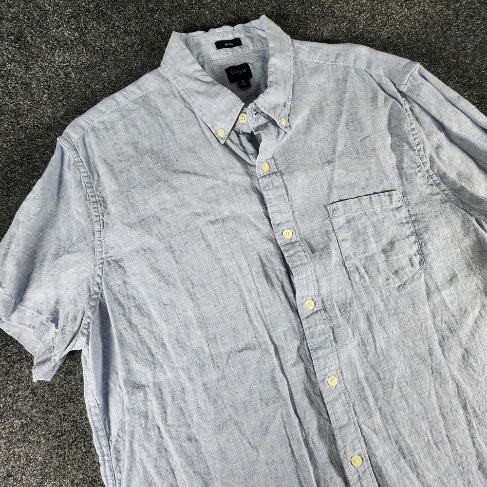 J. Crew Slim Men's XL Linen Blend Short Sleeve Button-Down Shirt Blue‎ Preppy